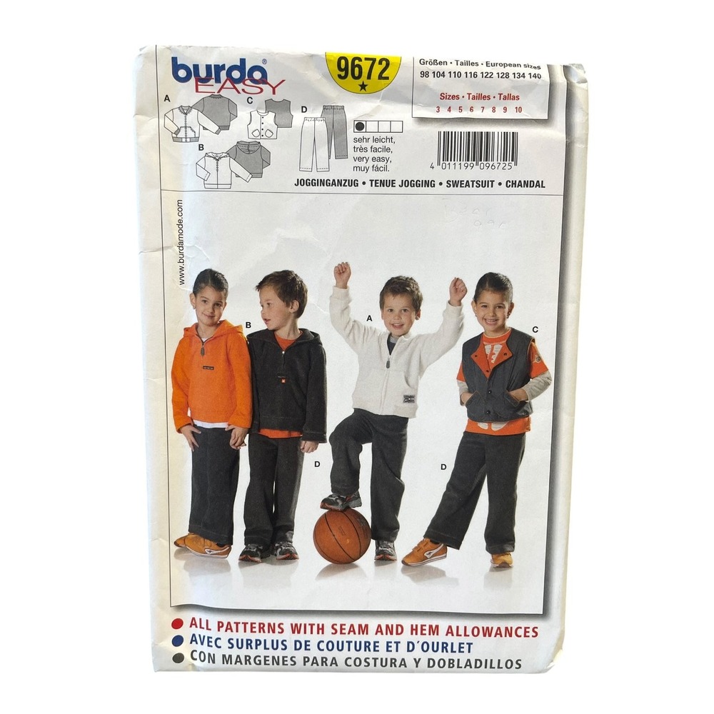 Burda 9672 Sweatsuit Sewing Pattern Kids Size 3-10 Multicolor Sportswear Uncut